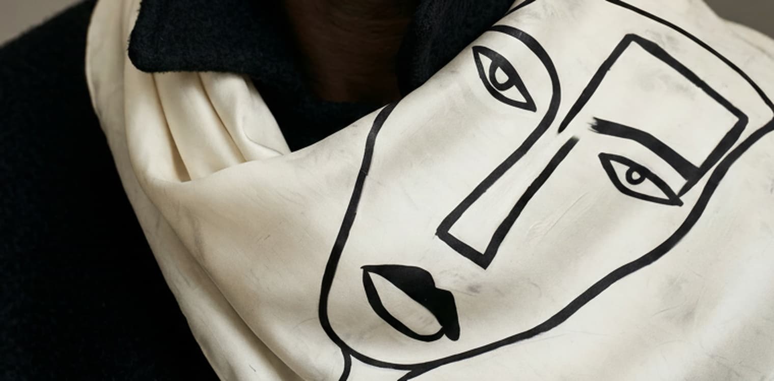MOSE.ART editorial, the line-face silk scarf detail