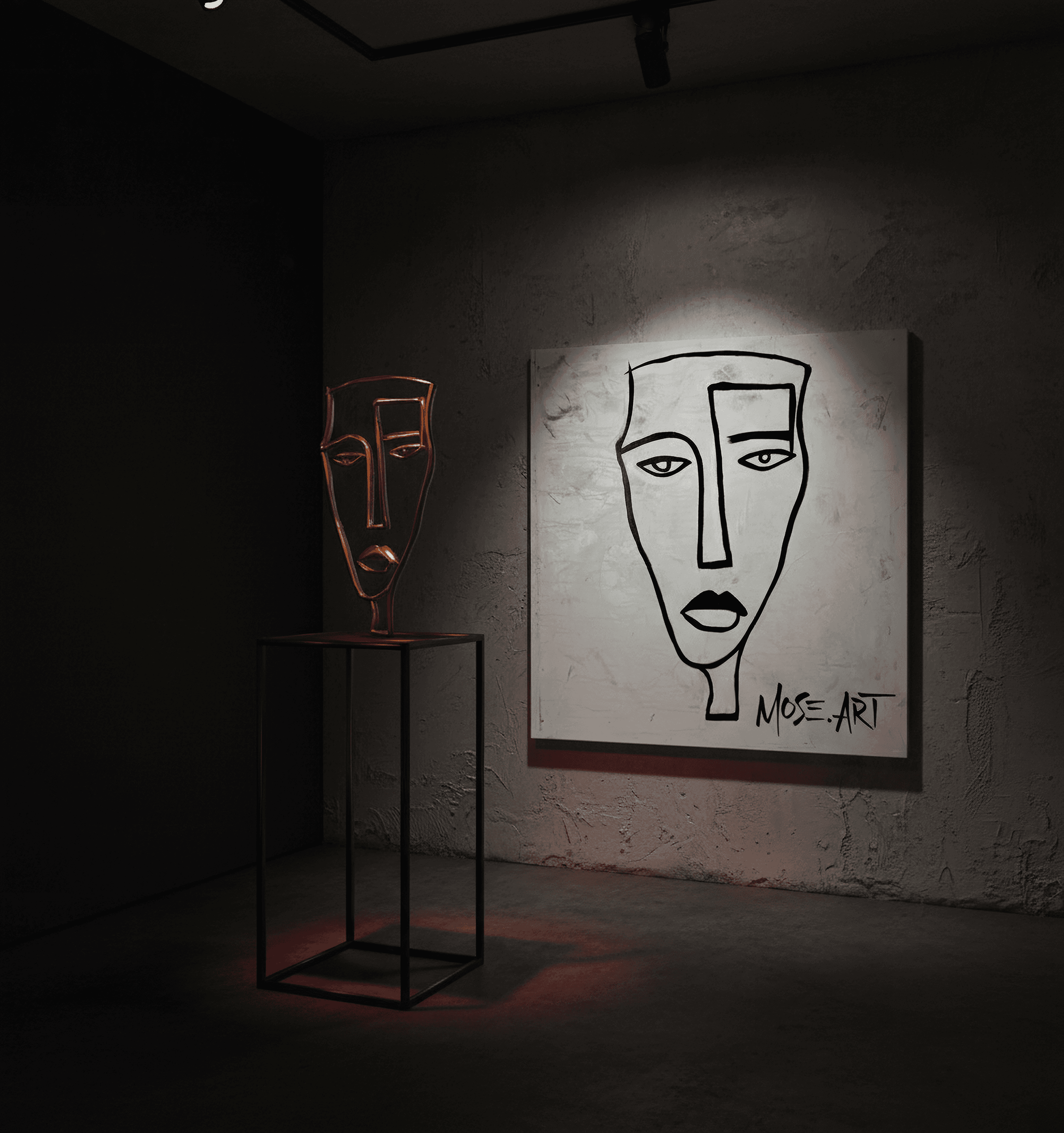 MOSE.ART painting and sculpture together in a minimal gallery room