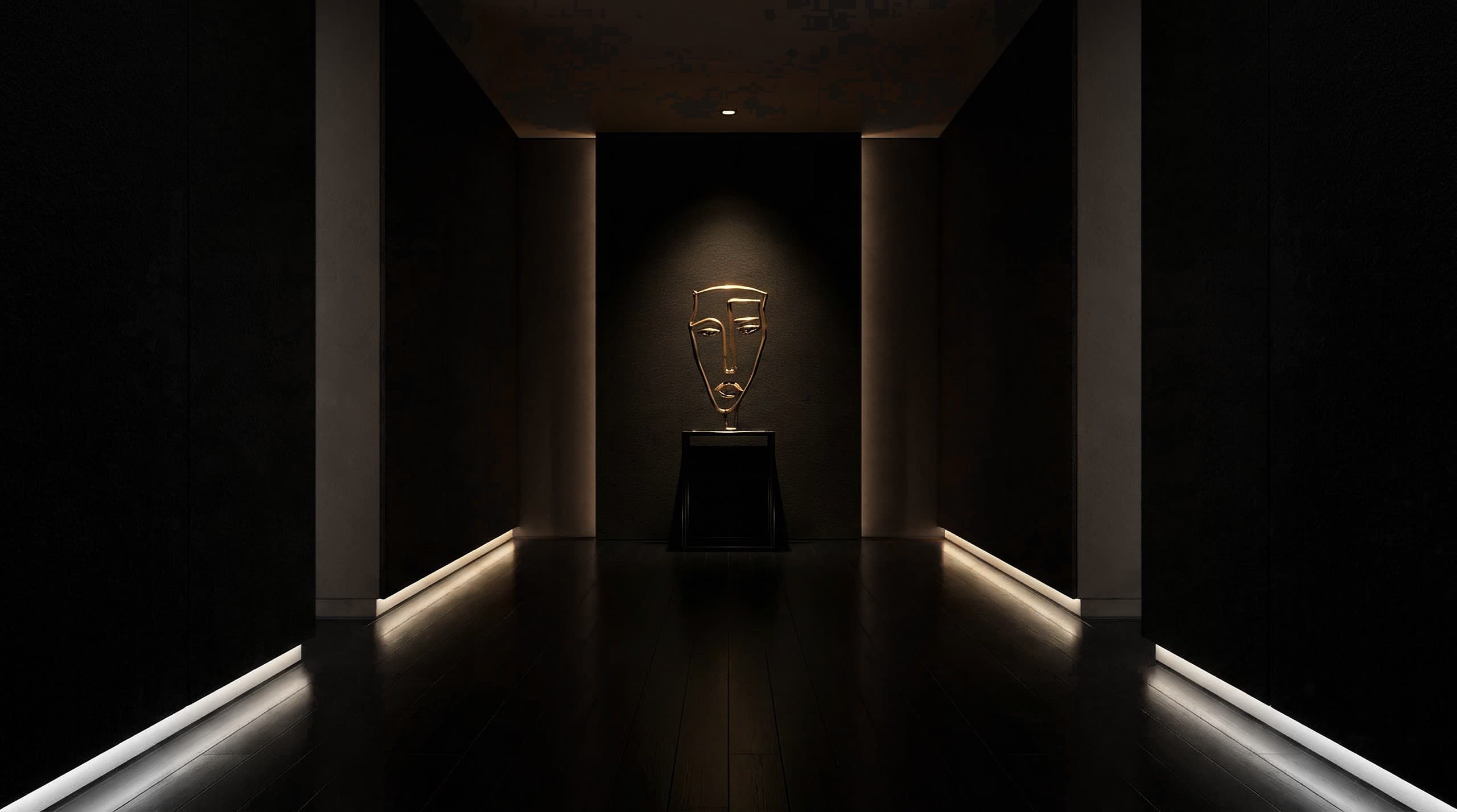MOSE.ART sculpture on a plinth at the end of a dark gallery corridor
